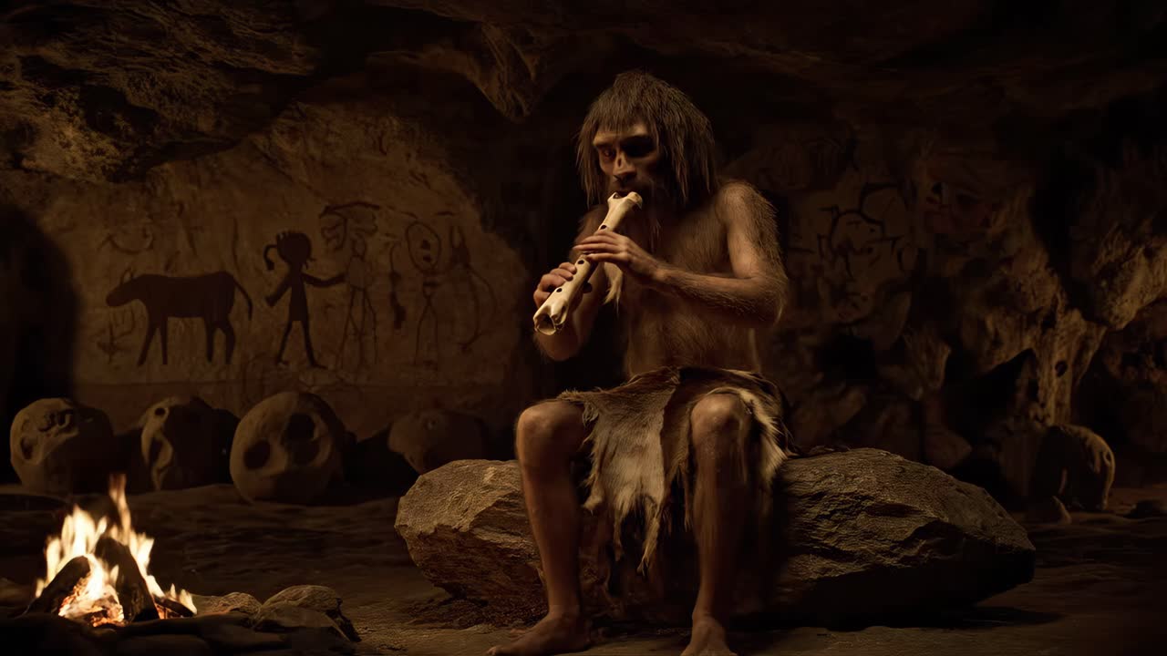 A caveman playing the flute in a cave