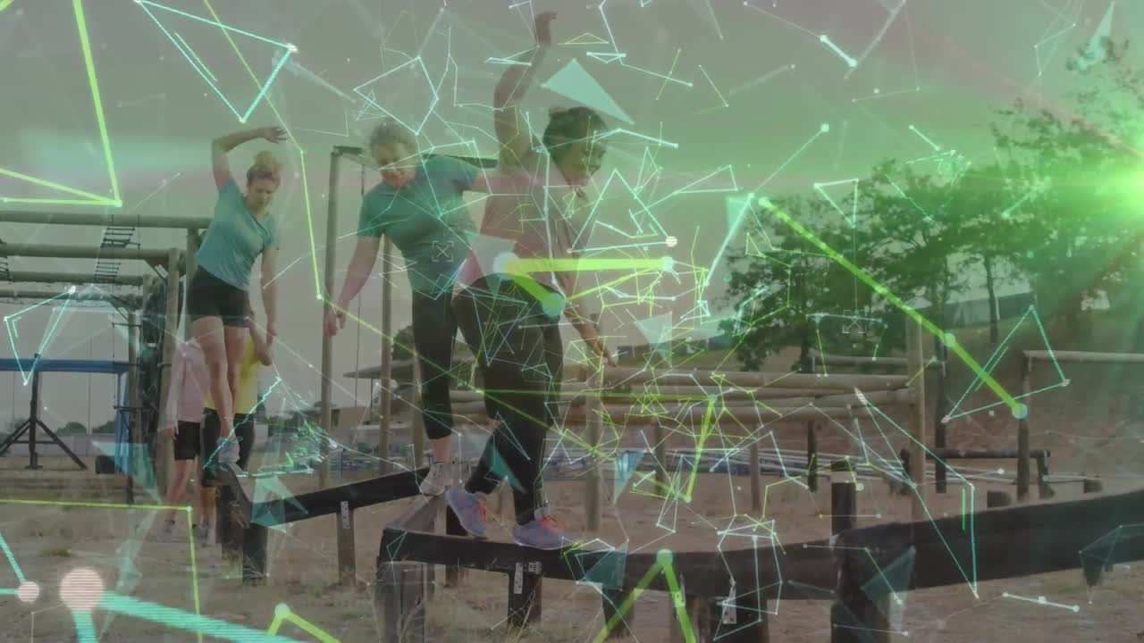 animación de formas sobre mujeres diversas en el equilibrio de la carrera de obstáculos.