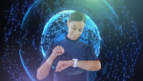 Animation-of-globe-with-networks-of-connections-over-businesswoman-using-smartwatch