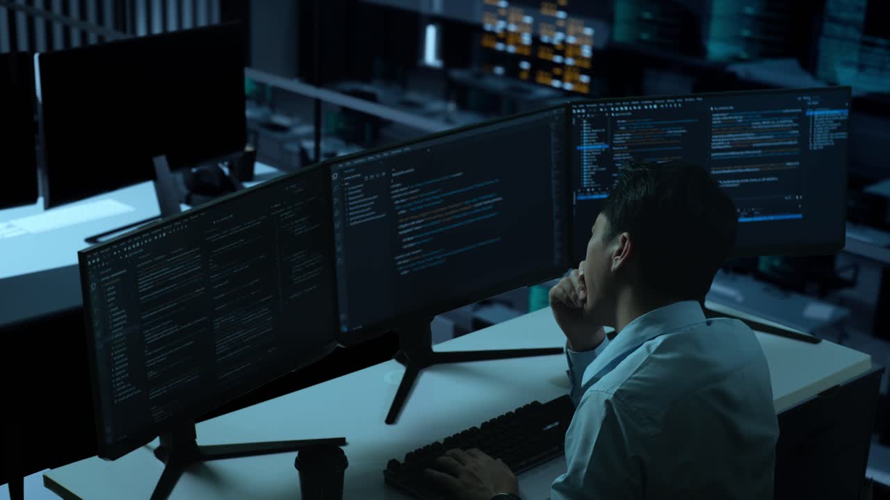 Side View Of Tired Asian Man Developer Yawning While Write Code With Multiple Computer Screens In The Office