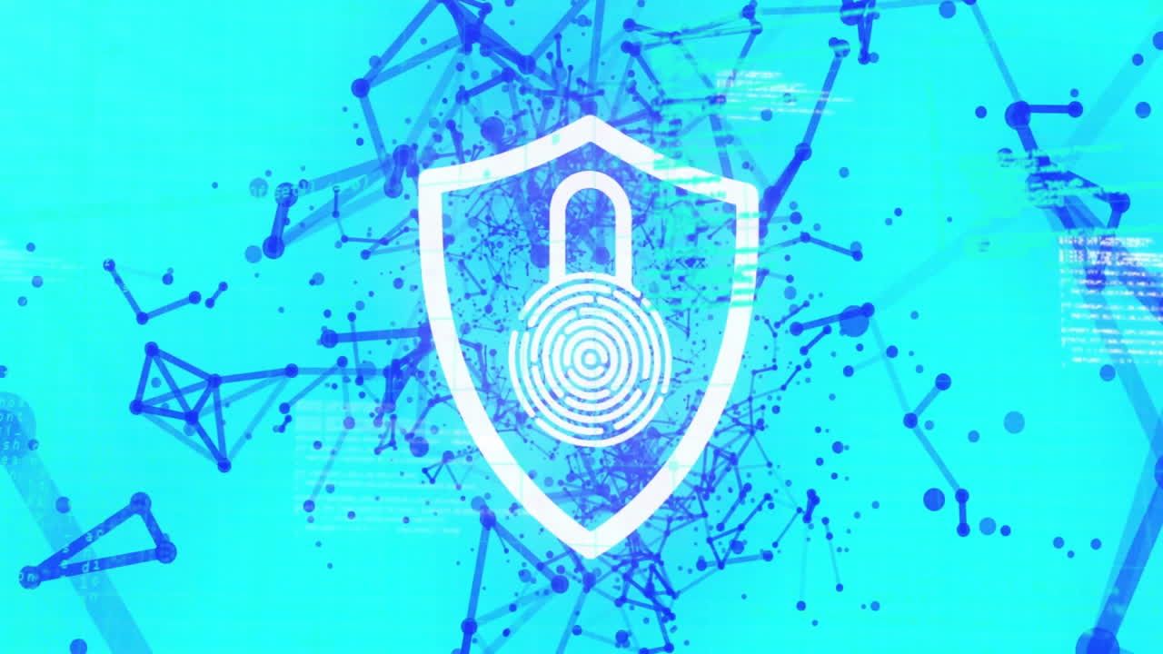 animación de escudo con candado sobre red de conexiones y procesamiento de datos en fondo azul