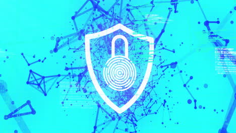 animation of shield with padlock over network of connections and data processing on blue background