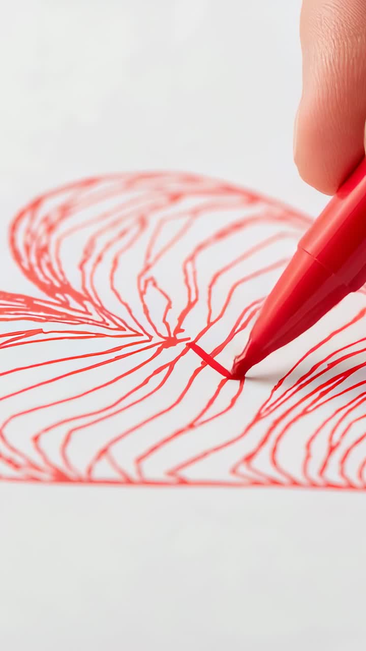 Video verticale: disegno a mano dopo aver premuto il tasto per aggiungere un trattino per segnare le vene del cuore su un foglio sulla scrivania con una penna rossa