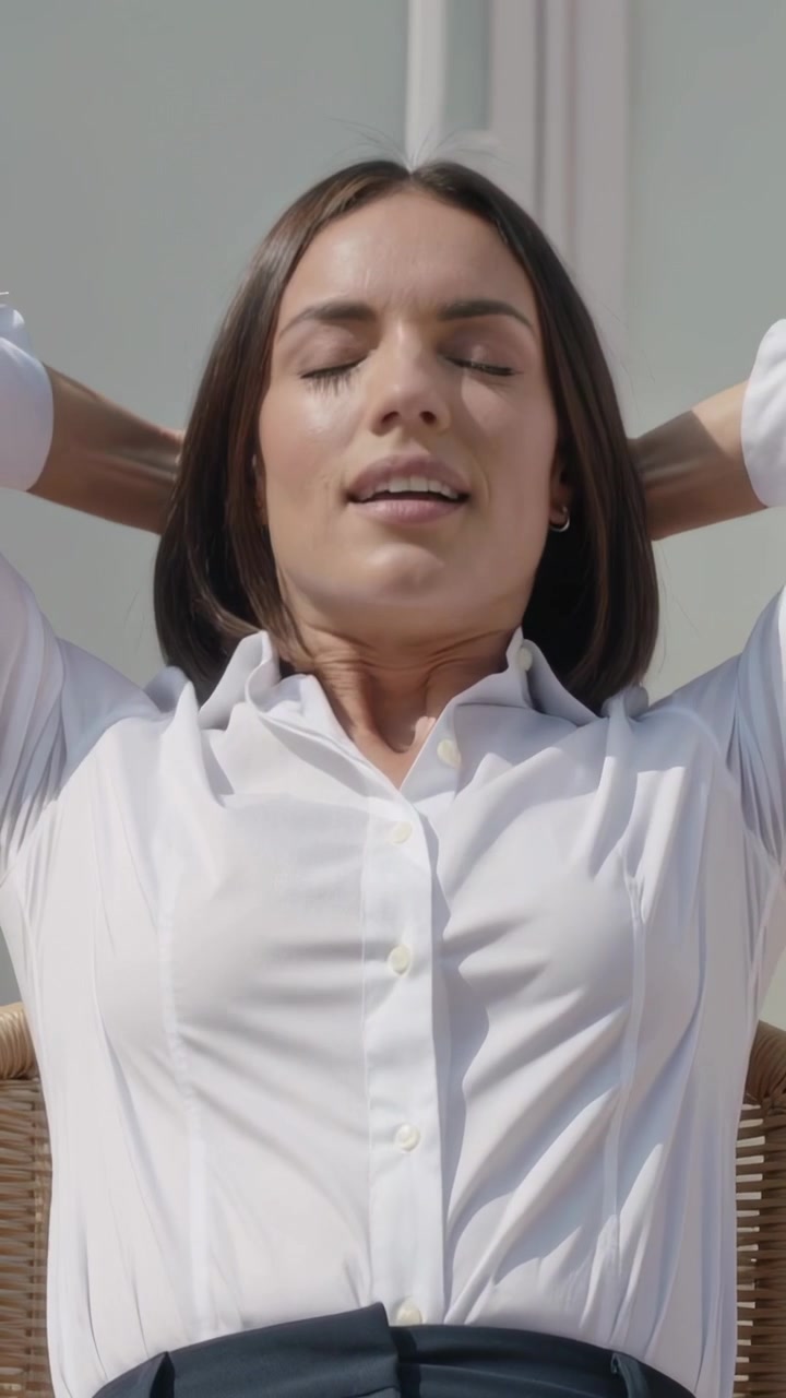 Vídeo vertical: Câmera iniciando, empresária se alongando em uma cadeira de varanda de vime, de blusa branca.