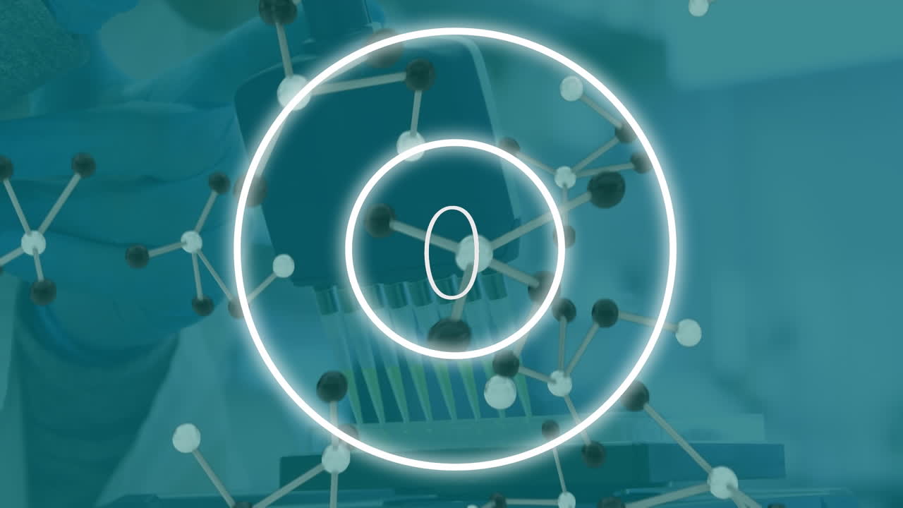 анимация 100 в вращающемся круге, падающие нуклеотиды над обрезными руками, заполняющими пробирки.