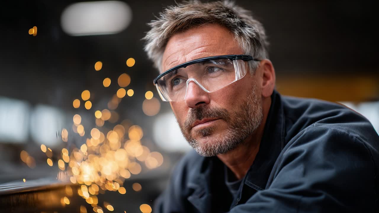 Fokuseret arbejder med sikkerhedsbriller, der betragter metalarbejde midt i gnister og industriel stemning og skaber en atmosfære af præcision og håndværk