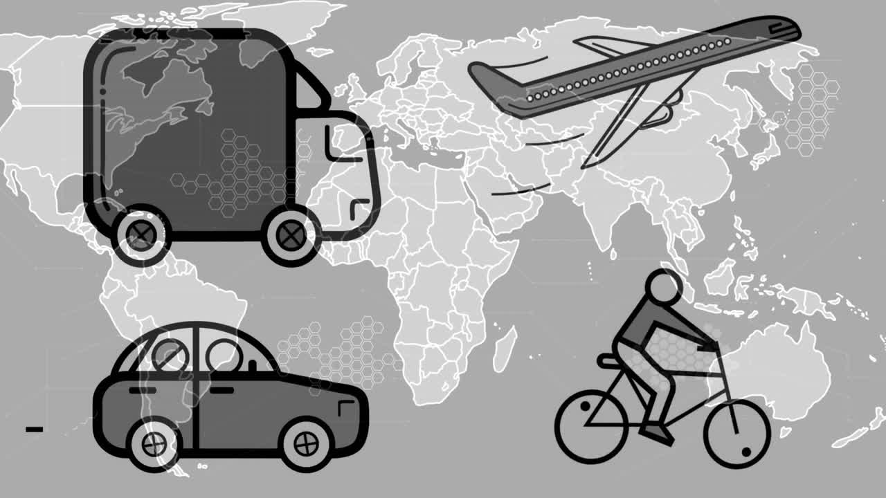 Animation von Transportsymbolen über einer Weltkarte auf grauem Hintergrund.