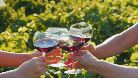 Several-Tourists-Clink-Glasses-Of-Red-Wine-Near-The-Vineyard-Wine-Tour-And-Travel-Concept