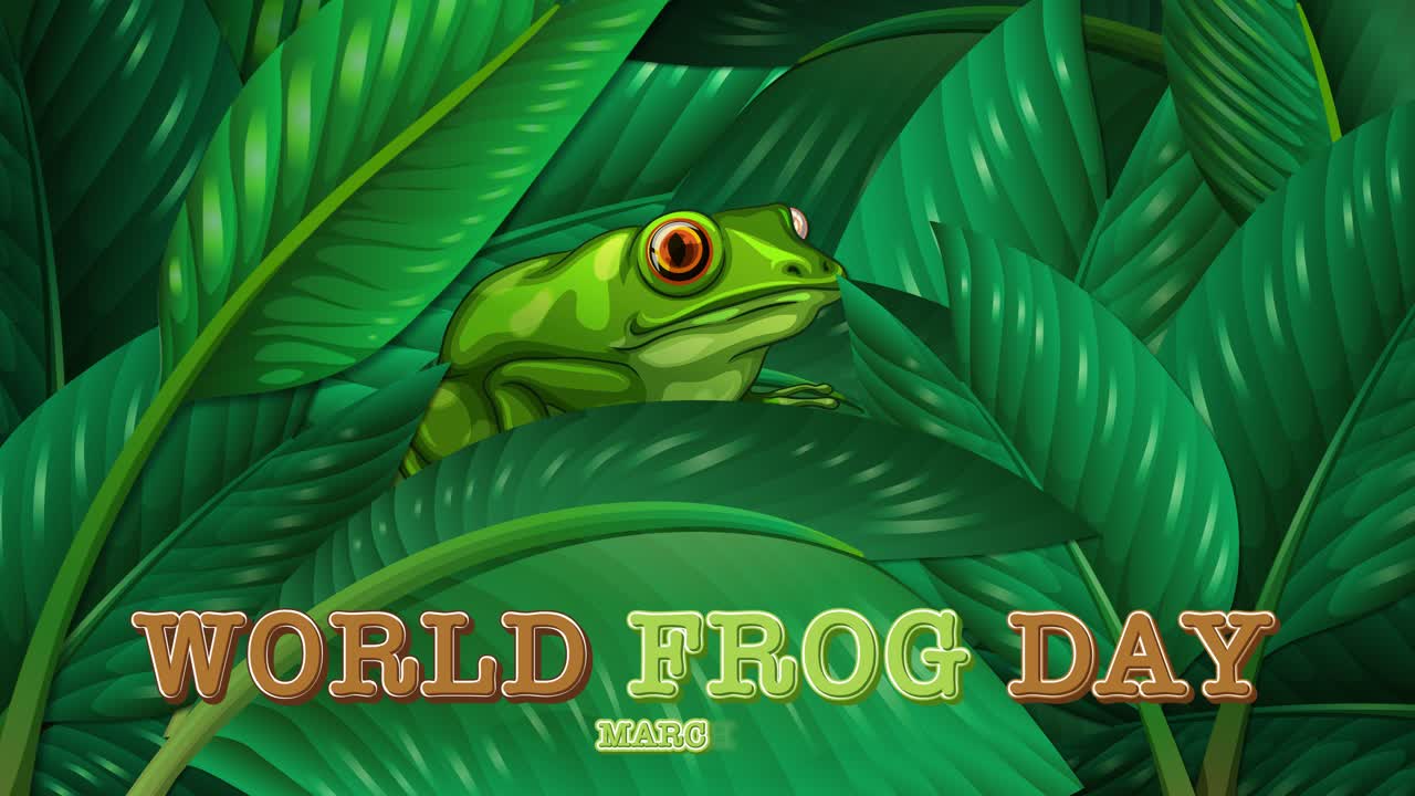 세계 개구리 날 을 맞아 잎 사이 에 있는 애니메이션 개구리