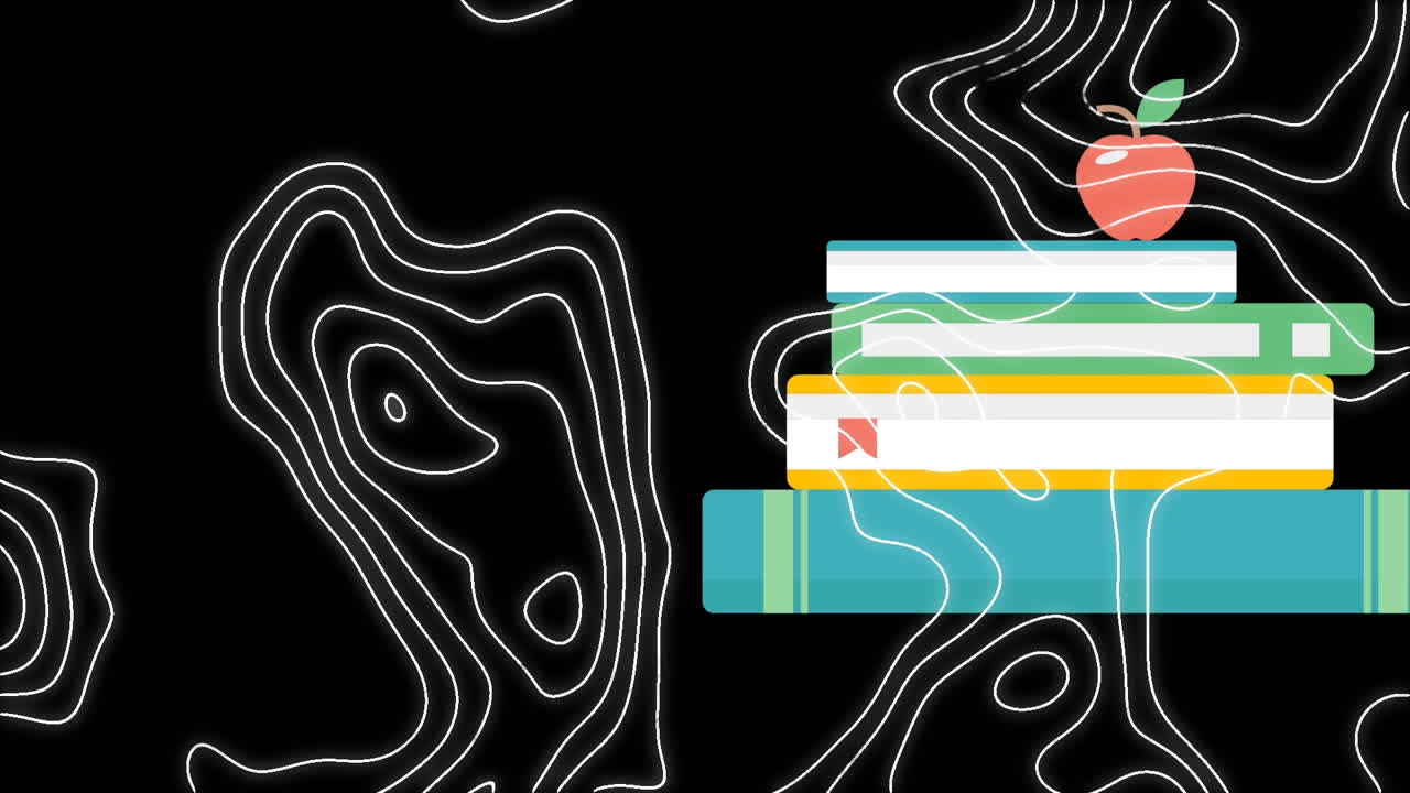 animación de patrones abstractos con cartón de mortero, manzana y suministros escolares contra un fondo negro