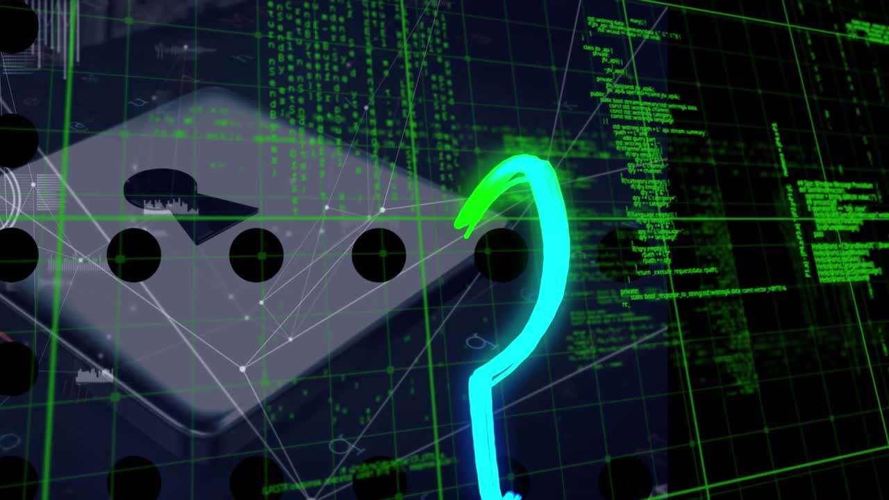 Animation of light trails over data processing and padlock icon