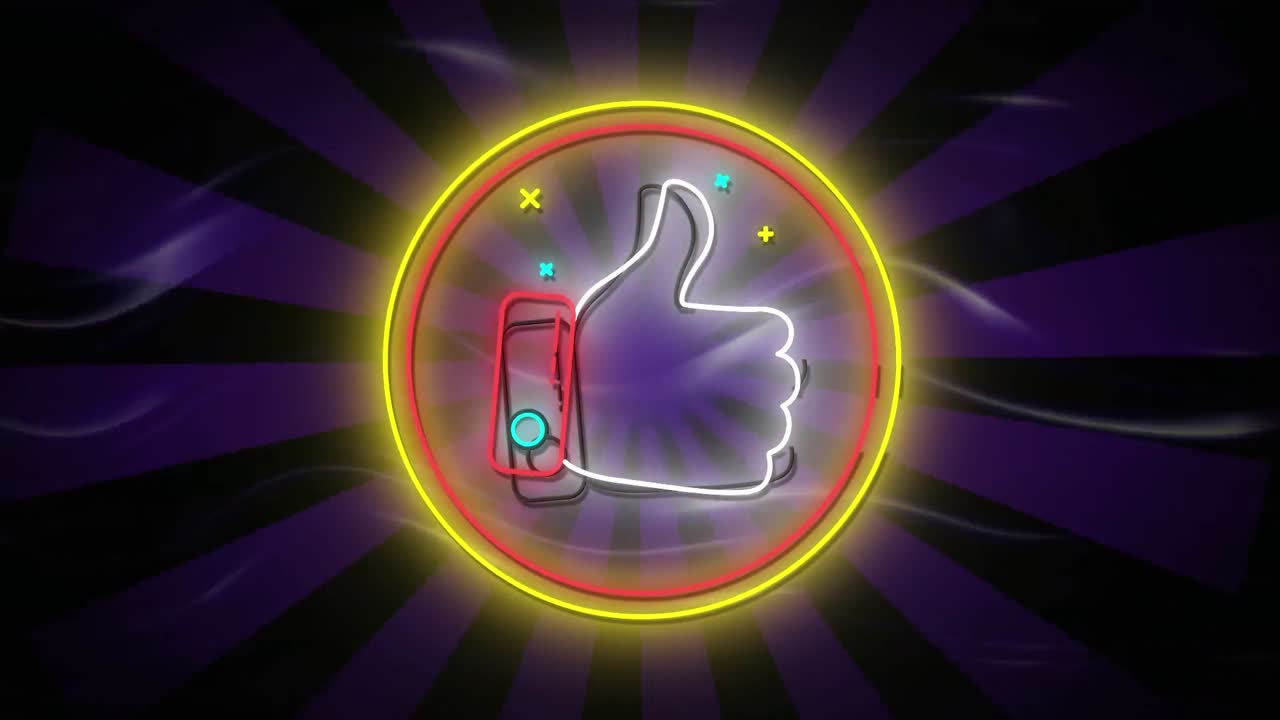 Animation of flickering neon digital thumbs up like icon in a glowing circle