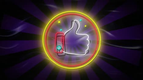 animation of flickering neon digital thumbs up like icon in a glowing circle