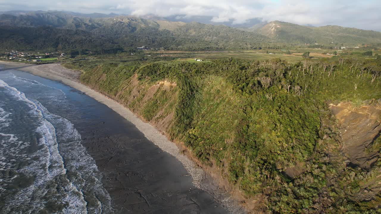 Rapahoe Beach Near Point Elizabeth Lookout On West Coast Of South Island, New Zealand. aerial pullback shot