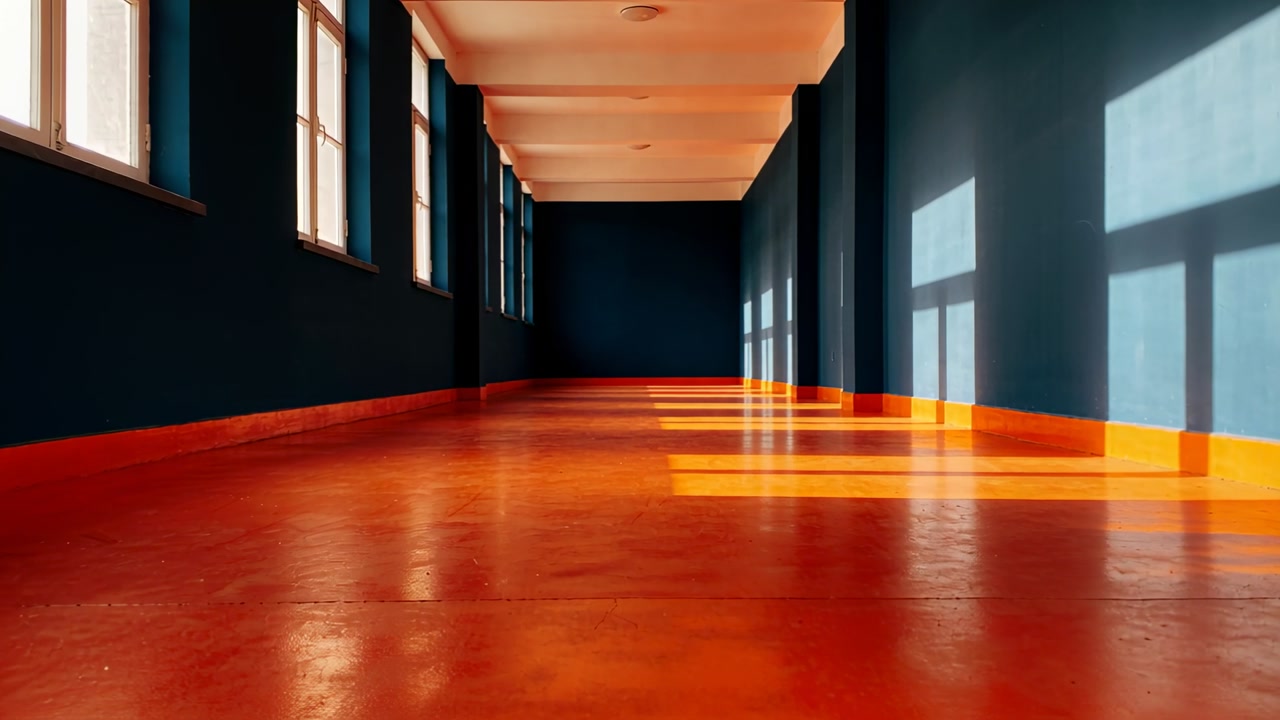 Shifting sunlight entering windows showing empty corridor with moving wall patches and floor glints