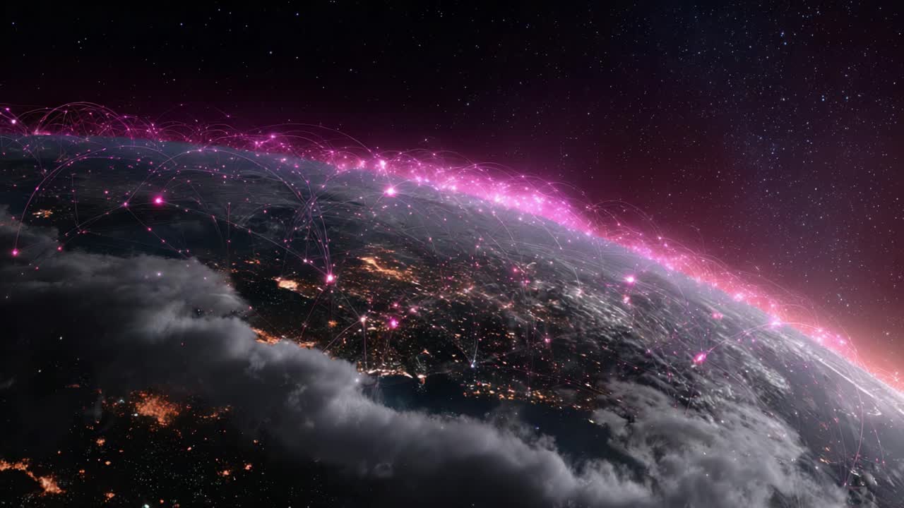A Stunning Visualization of Earth Surrounded by a Vibrant Network of Connections and Lights, Highlighting the Interconnectedness of Modern Technology and Global Communication
