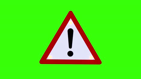 blinking warning sign representing exclamation mark in white triangle, isolated on green background