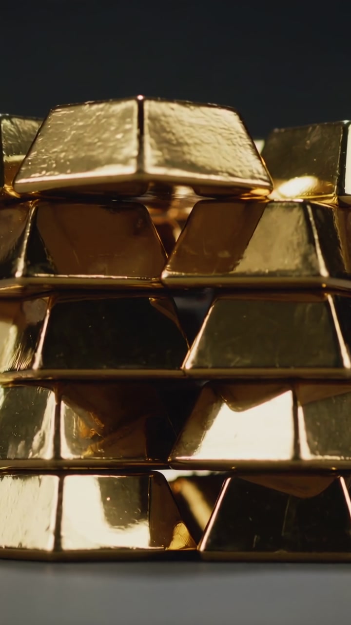 Start tilting camera pushing toward polished gold bar pyramid on tabletop, revealing top texture