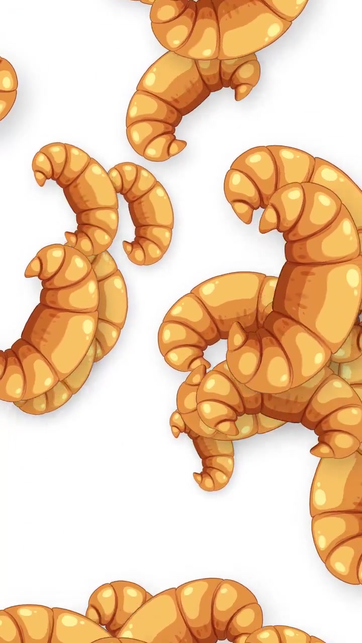 Animazione 2D dinamica di croissant dorati che cadono e rimbalzano su uno sfondo bianco pulito