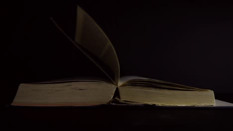 Slow-motion,-close-up-of-an-old,-vintage,-open-book-with-pages-turning-on-the-wind,-on-a-dark-room-with-few-light,-with-black-surroundings