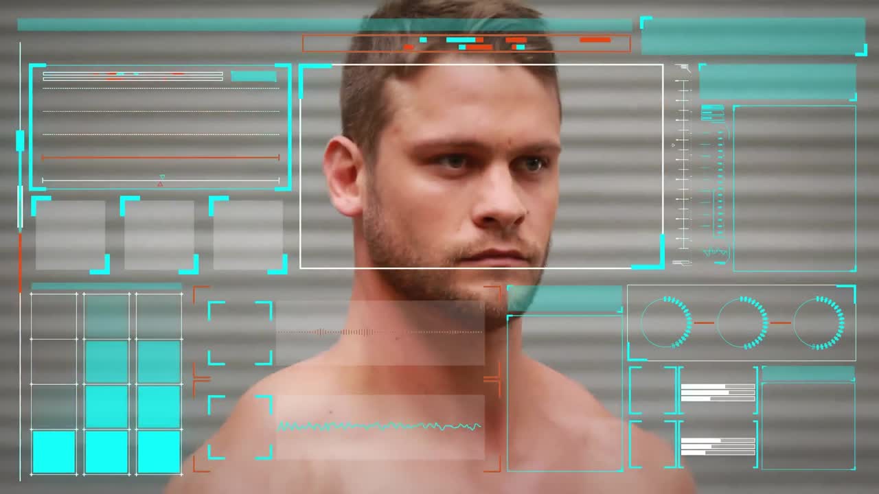 Animation of data processing on screens over caucasian man exercising