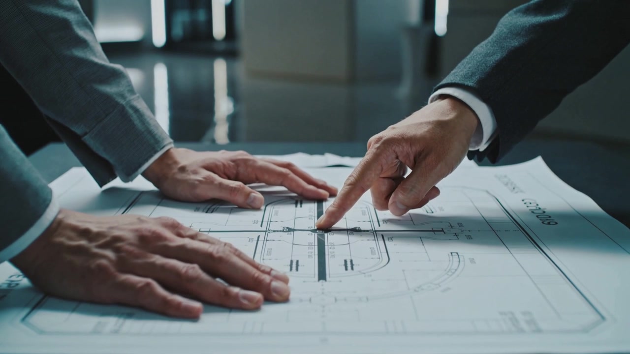 Unfolding blueprint, two men leaning, pointing center at meeting table, suits for design review