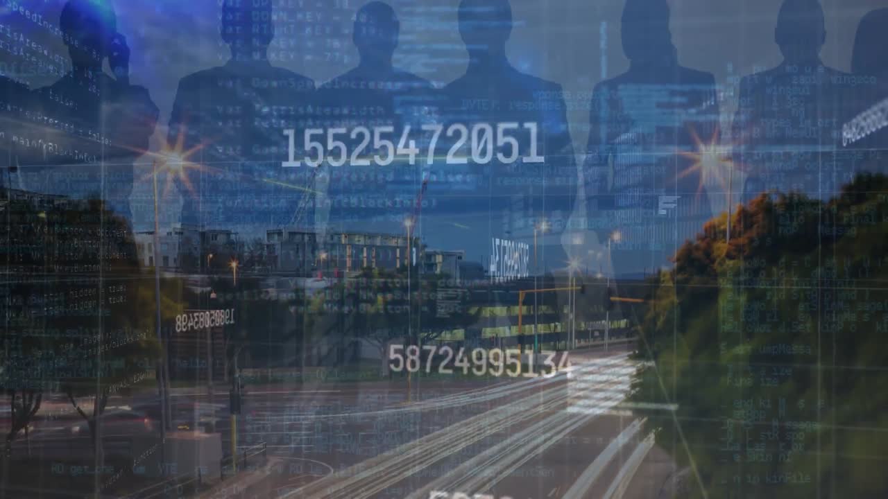 데이터 처리, 빛 및 숫자의 애니메이션, 사람들의 실루 및 도시 풍경