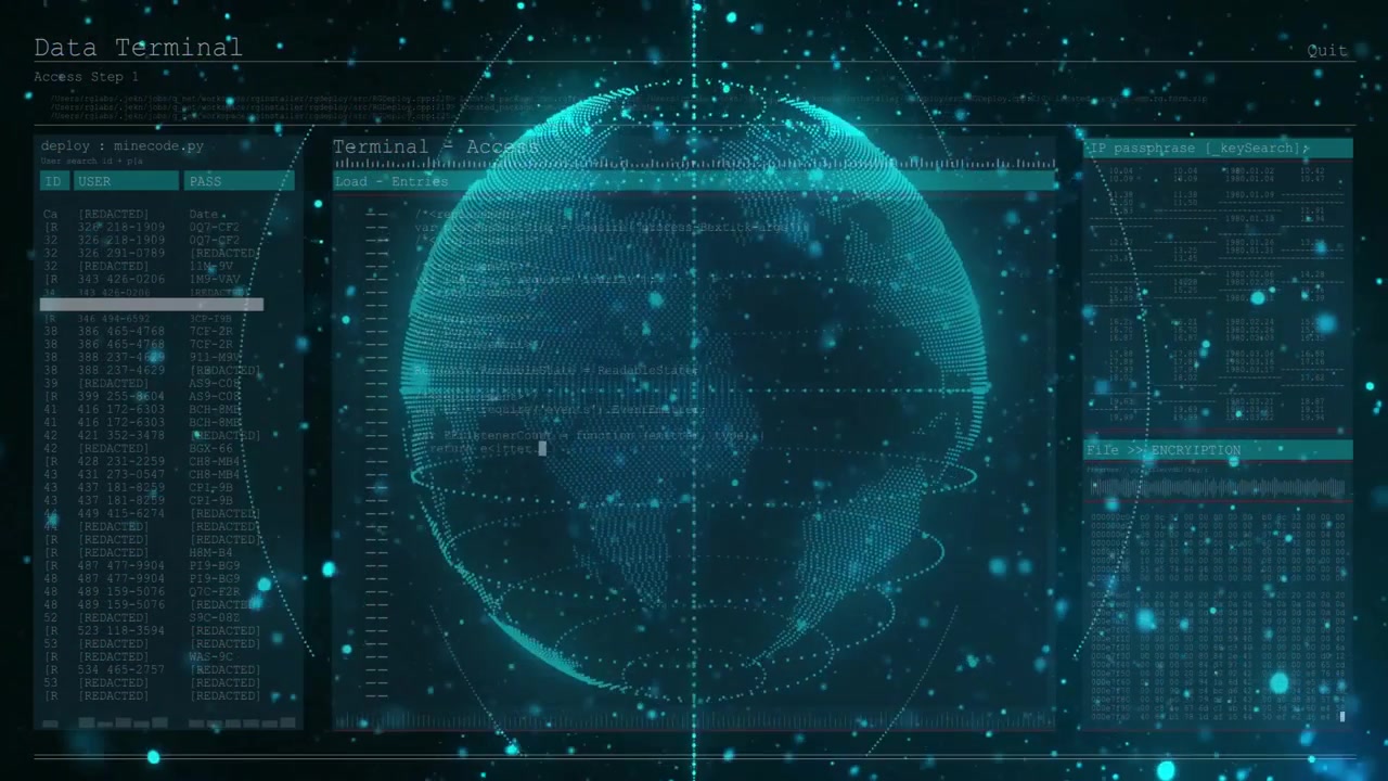 Terminal executing deploy microcode, code scrolling, globe rotating, charts updating for monitoring