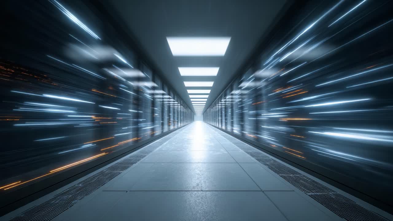 Un viaggio affascinante attraverso un corridoio futuristico e sconfinato con effetto di motion blur, che enfatizza la velocità e la tecnologia in un ambiente illuminato