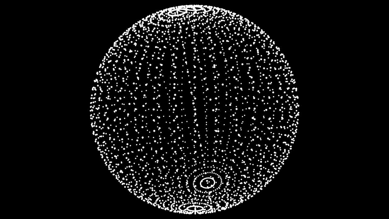 Plexus style loop rotate sphere animation cycle. White dots on the black background