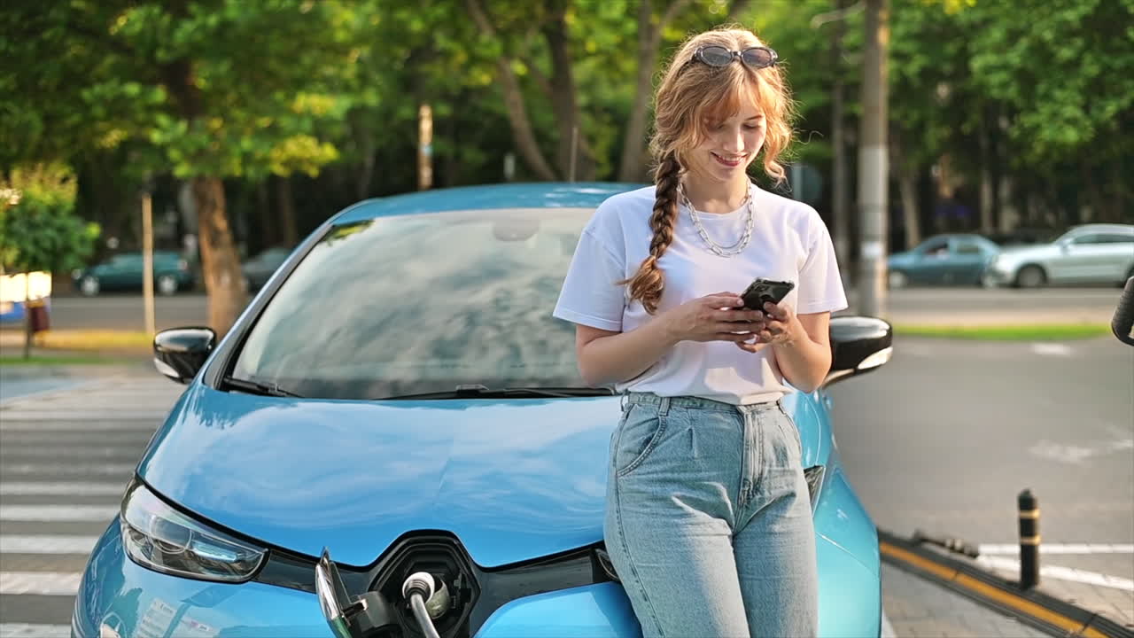 Una giovane donna bionda usa lo smartphone a una stazione di ricarica per auto con un'auto elettrica in carica nelle vicinanze. Chisinau, Moldova. Rallentatore
