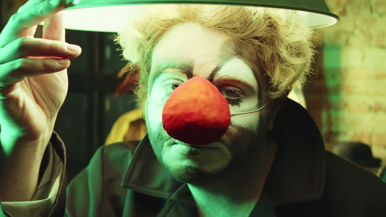 retrato de un payaso posando con una lámpara colgante como sombrero