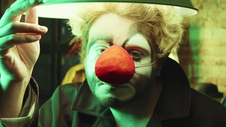Portrait of Clown Posing with Hanging Lamp as Hat