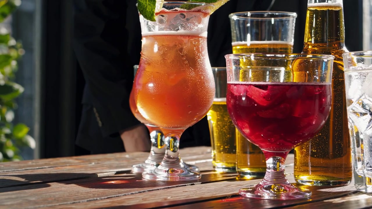 Variedad de bebidas refrescantes y cócteles en una mesa exterior soleada