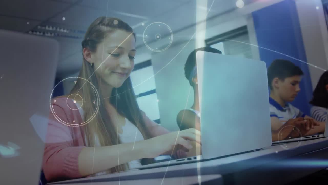 animación de la red de conexiones con iconos sobre los estudiantes en la escuela