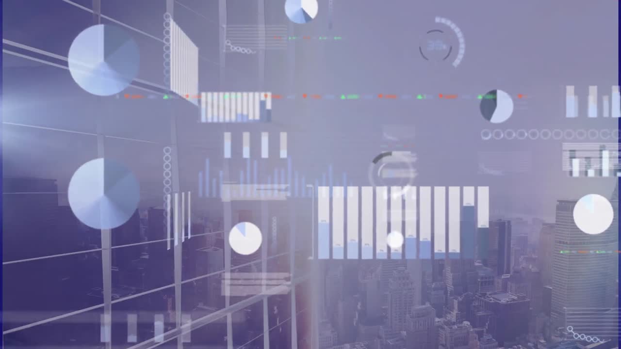 Animation of multiple graphs, loading circles over aerial view of modern city against sky