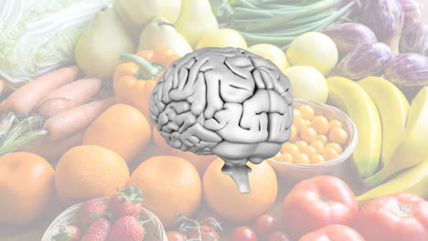 animación del cerebro rotando sobre frutas y verduras
