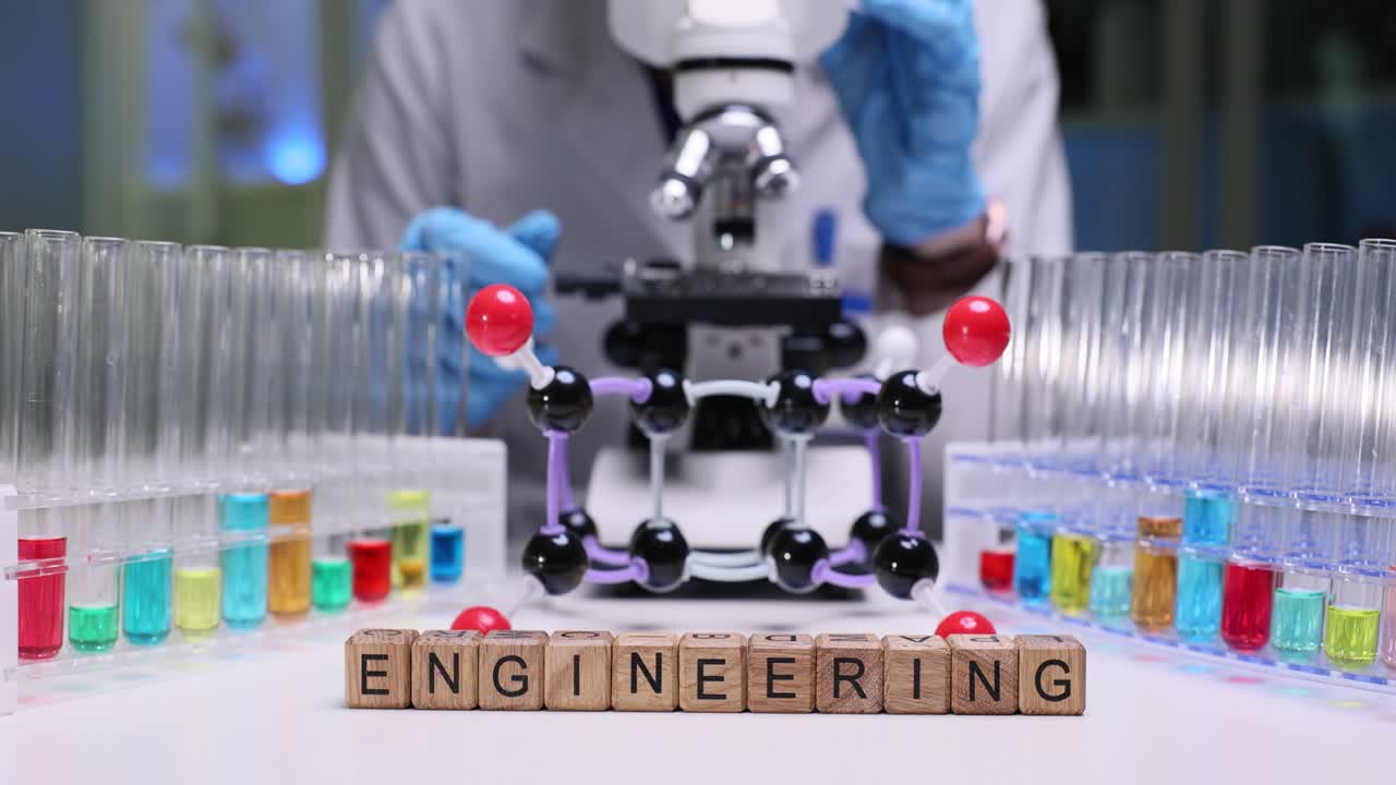 Science and Engineering Laboratory Setup with Microscope, Test Tubes, and Molecular Model