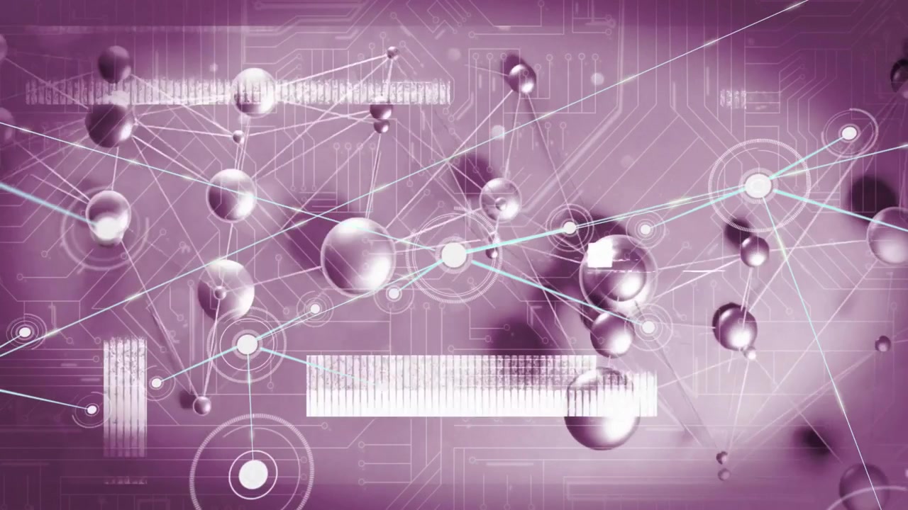 Central sphere appearing, nodes and spheres linking, pulsing, spreading outward showing data growth