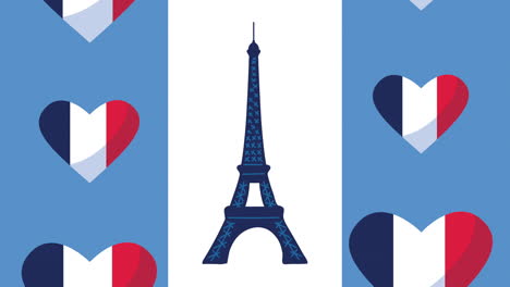 france celebration day with flag in hearts and eiffel tower