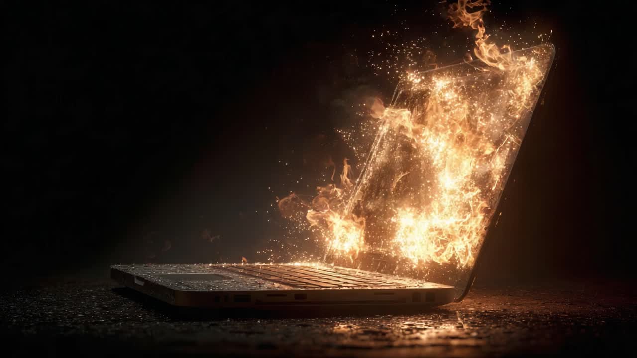 A stunning visual of a laptop being engulfed in flames, showcasing the contrast of technology and fire, with sparks flying in an intense display of energy and creativity