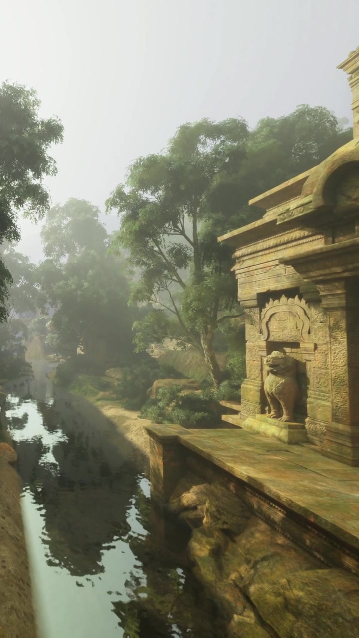 Paysage luxuriant avec un cours d'eau près d'une ancienne structure en pierre sous le brouillard