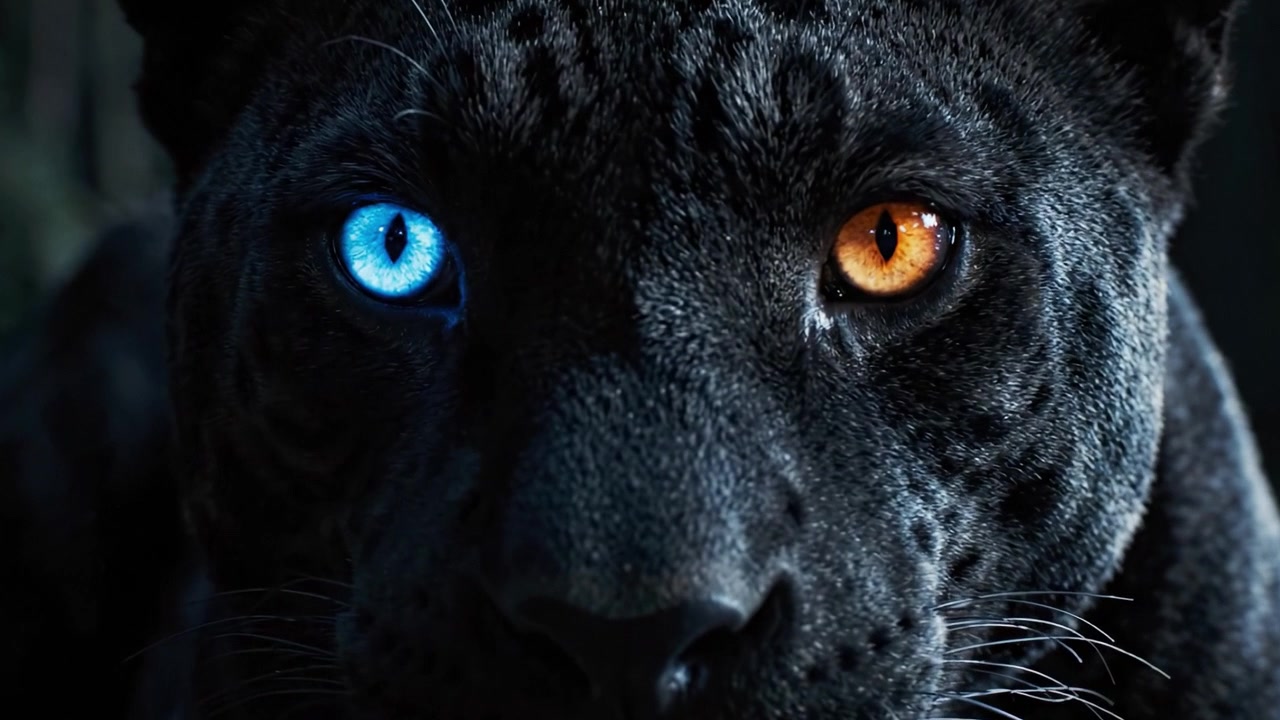 A Majestic Black Panther with Strikingly Contrasting Blue and Orange Eyes, Captured in Lush Wilderness – A Symbol of Power and Mystery