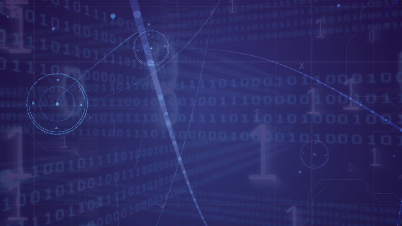 animación de la red de conexiones y procesamiento de datos de codificación binaria sobre fondo púrpura