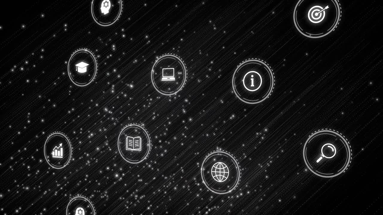 Particle sweep starting, white circular icon cluster drifting inward and pulsing to form UI grid