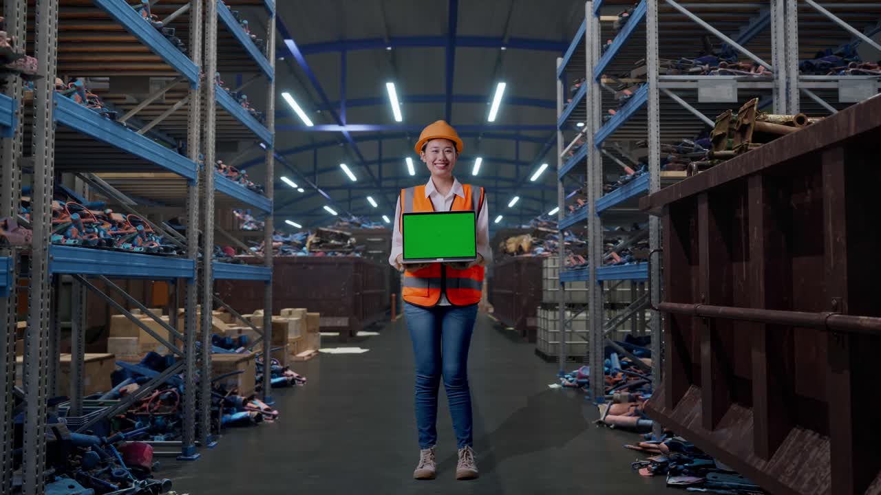 Engenheira asiática de corpo inteiro com capacete de segurança sorrindo e mostrando um laptop com tela verde para a câmera, em um armazém industrial de sucata metálica e reciclagem.
