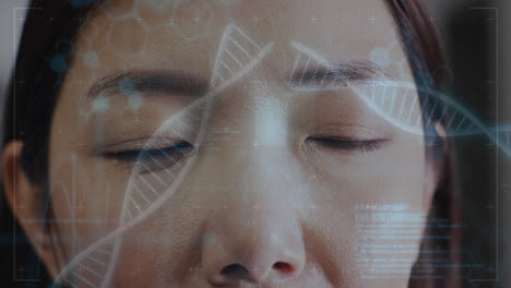 animation of dna strands and medical data over closed eyes of female asian doctor