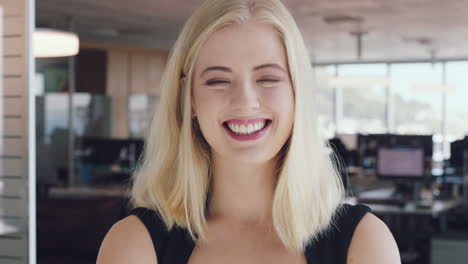 business woman, face or laughing in modern office