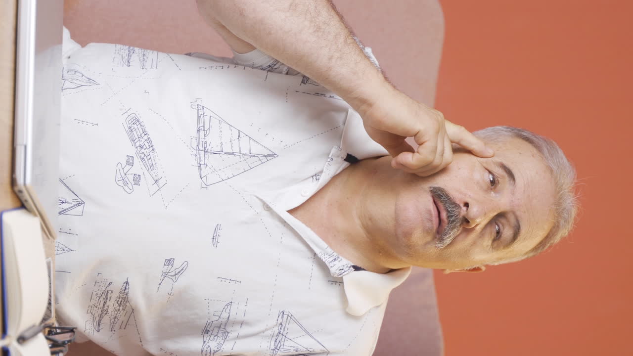 Vertical video of A thinking old man comes up with a great idea.