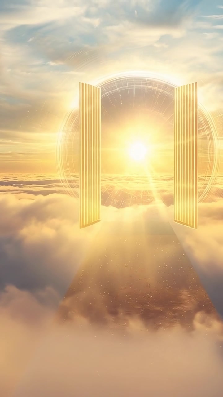 Vertical video: Brightening light behind golden doors revealing portal pathway over cloud deck